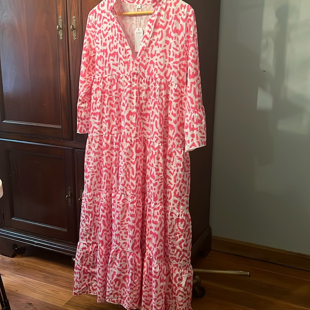 💕pink leopard print, tiered maxi dress